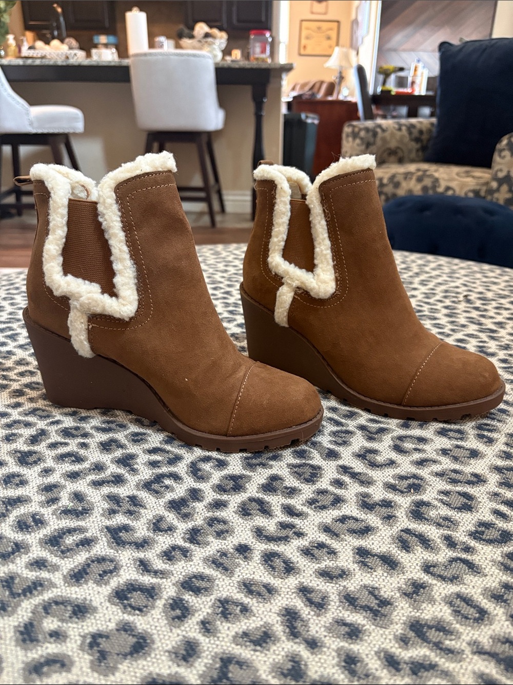 Suede-Look Brown Wedge Ankle Boots with Faux Shearling Trim